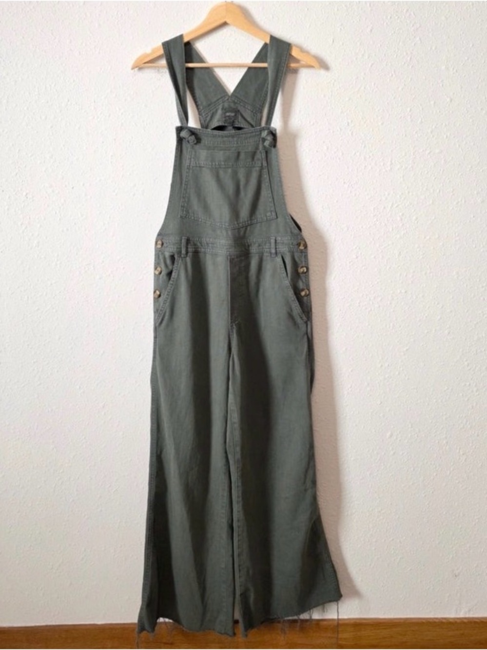 Aerie utility overalls relaxed wide leg/barrel leg raw hem medium olive green